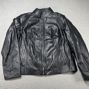 Jacket Womens XL Black Real Leather Zip Pockets Stand Collar Moto Style Short